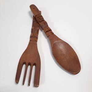 Vintage Genuine Monkey Pod Tiki Wooden Utensils Spoon and Fork
